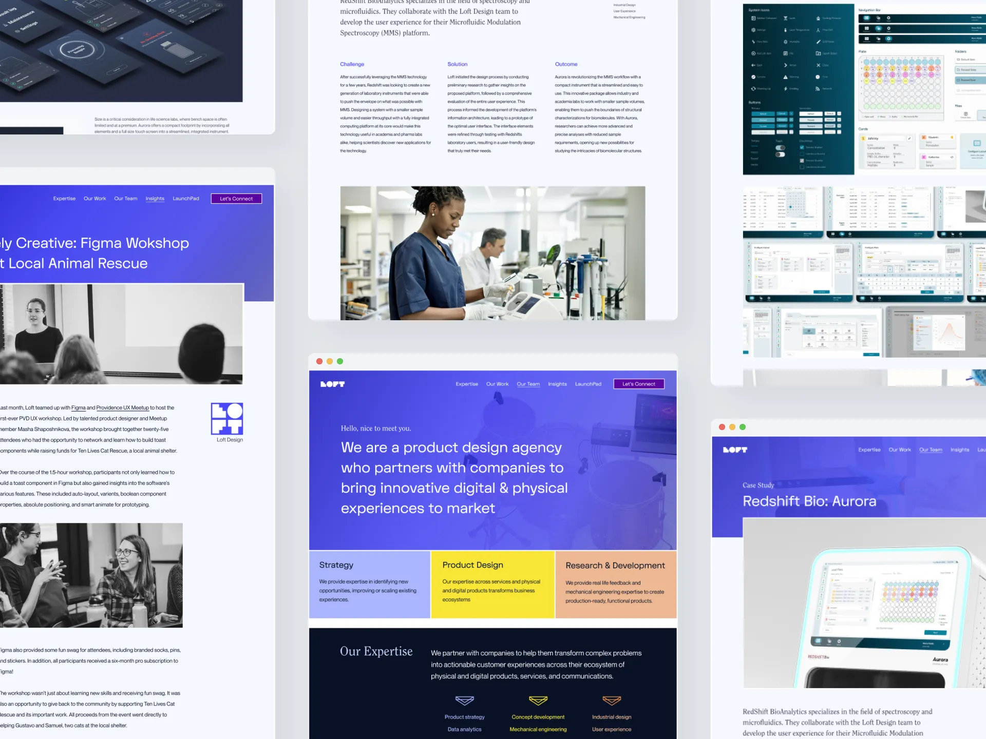 Pages from the rebranded Loft.Design site: case studies, insights posts, and the homepage sharing one design language