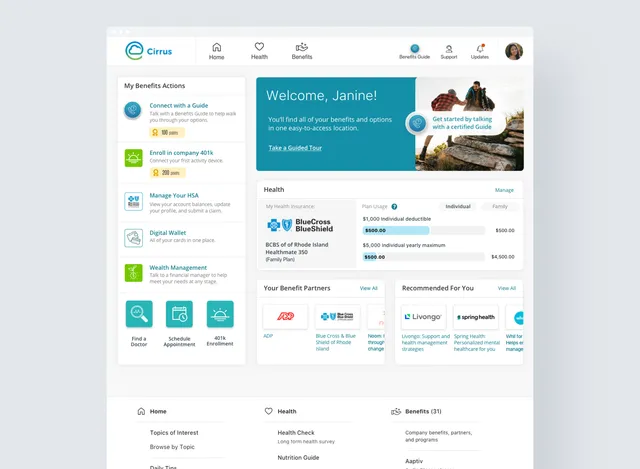 The Homebase for Health benefits dashboard, with benefit actions, health plan usage, and partner programs in one view