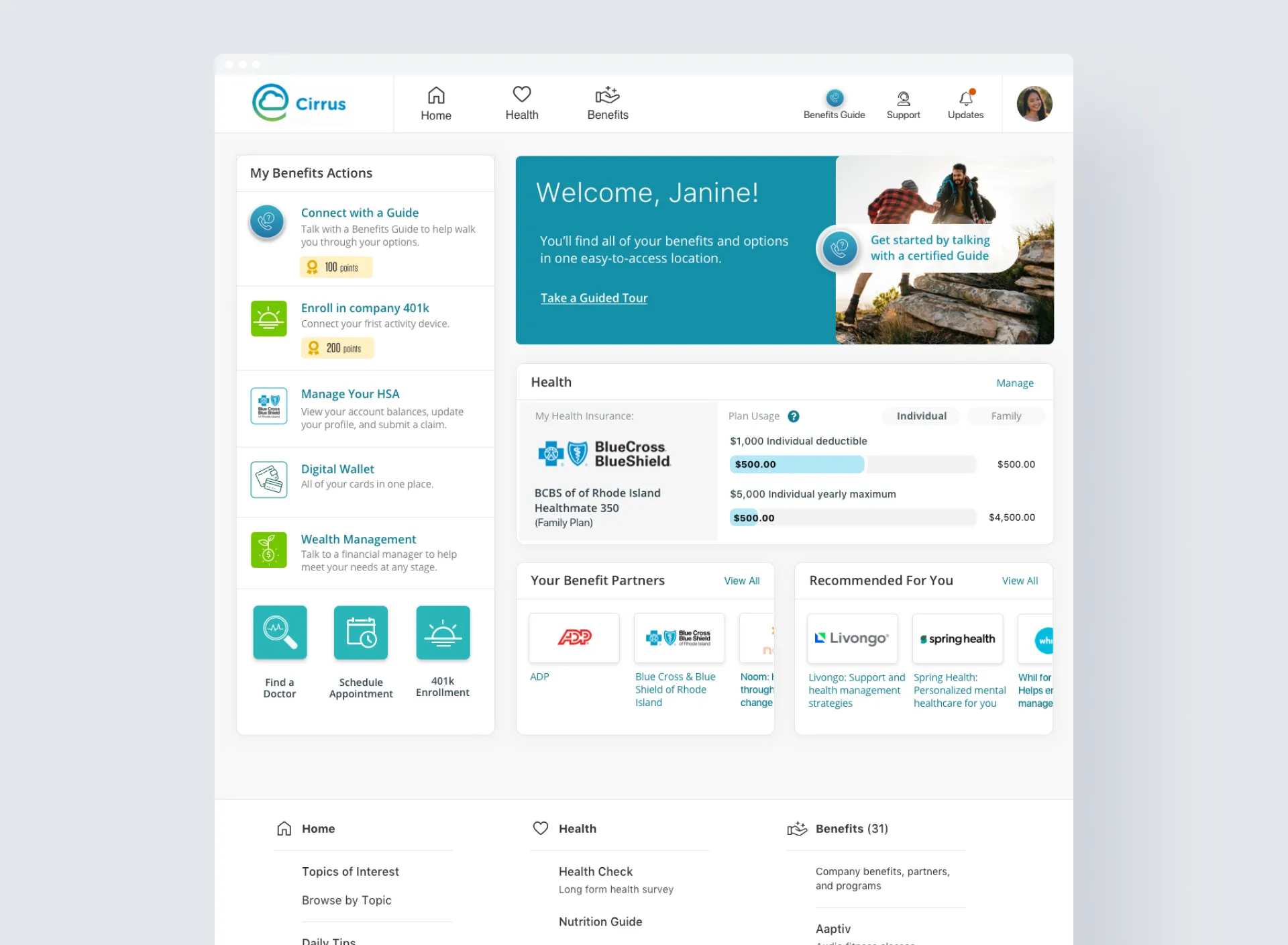 The Homebase for Health benefits dashboard, with benefit actions, health plan usage, and partner programs in one view
