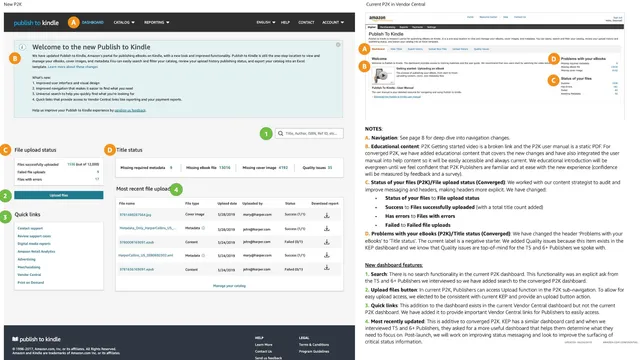 Side-by-side comparison of the redesigned Publish to Kindle dashboard and the legacy Vendor Central experience