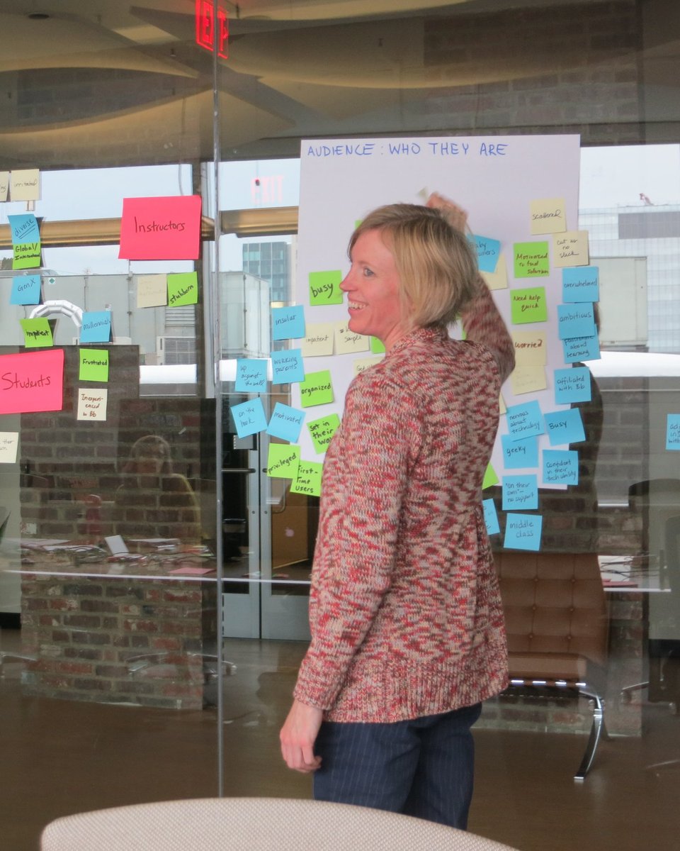 Deanna leading an audience-mapping workshop, smiling in front of a wall of grouped sticky notes